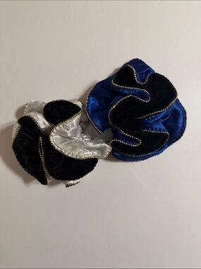 Velvet & Satin Ruffled Hair Scrunchie Set Blue and White with Light Beads NWOT